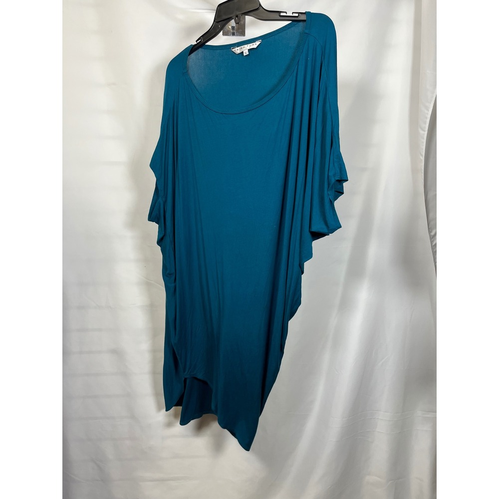Trina Turk Teal Blue Oversized Kaftan Tunic Top Batwing Asymmetrical Hem Large